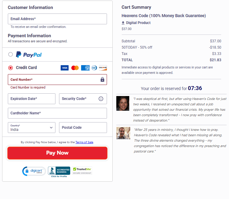 heavens code Checkout Page